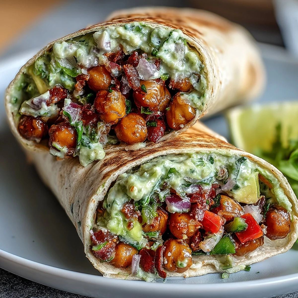Spicy Chickpea and Avocado Wrap with creamy avocado and warm tortillas, sliced to reveal crisp veggies and spiced chickpeas.