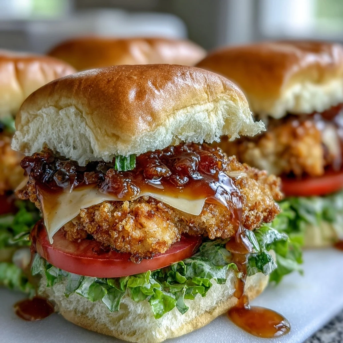 Sabrosos Honey Mustard Chicken Sliders caseros, ideales para game day, con pepinos y jugosa salsa de miel y mostaza.