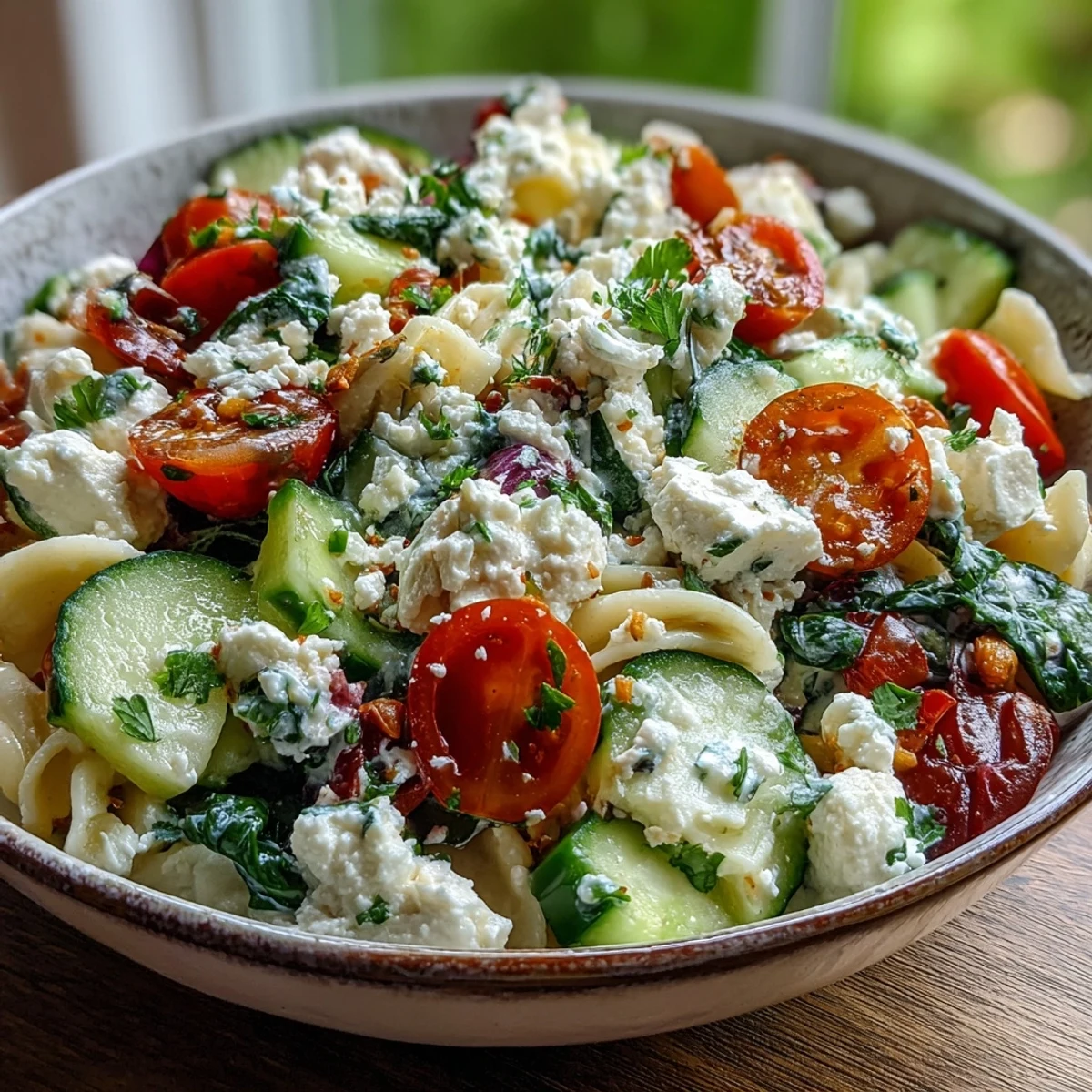 Plato principal de ensalada de pasta con requesón, rico en proteínas, listo para comer con cucharada.