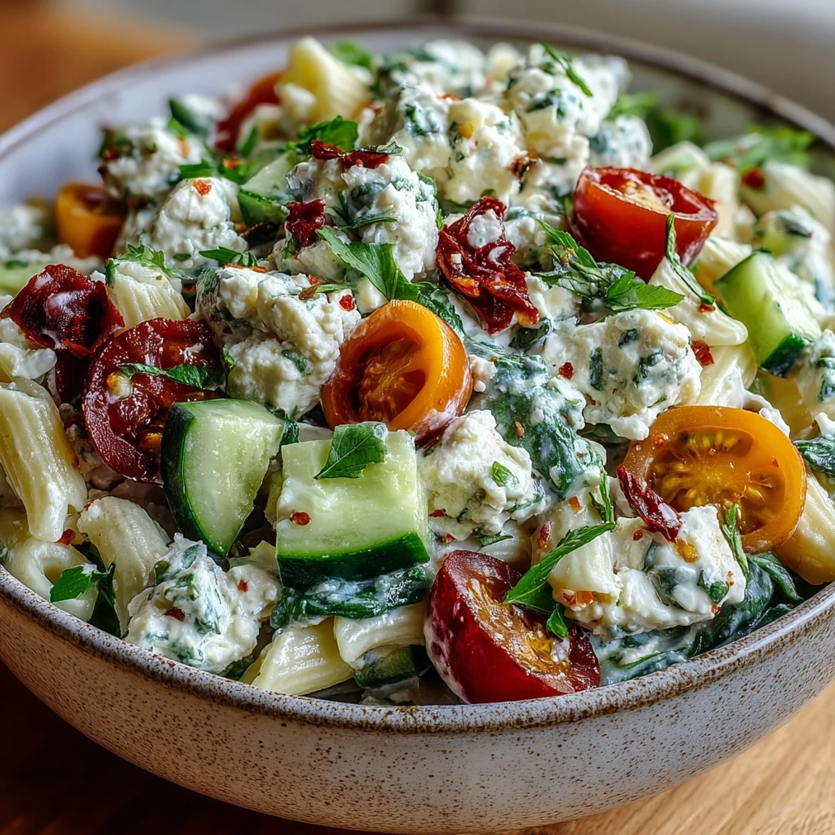 Ensalada de Pasta con Requesón Alta en Proteína, perfecta para preparar con antelación, con tomates y espinacas.