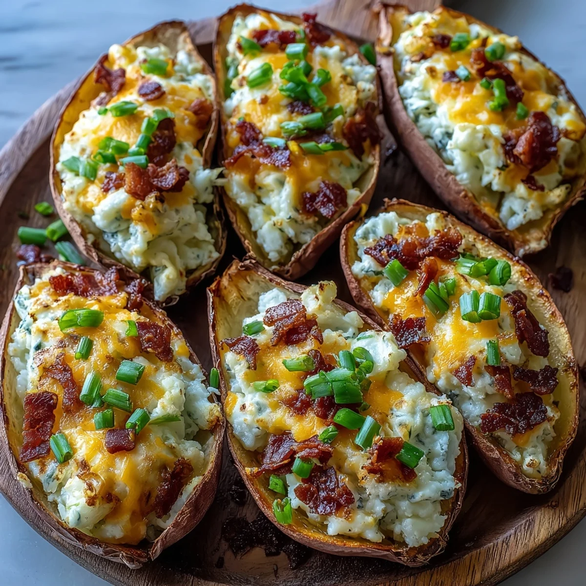 Golden Breakfast Sweet Potatoes stuffed with savory bacon, rich cheddar, and runny yolks, ready to enjoy on a rustic table.