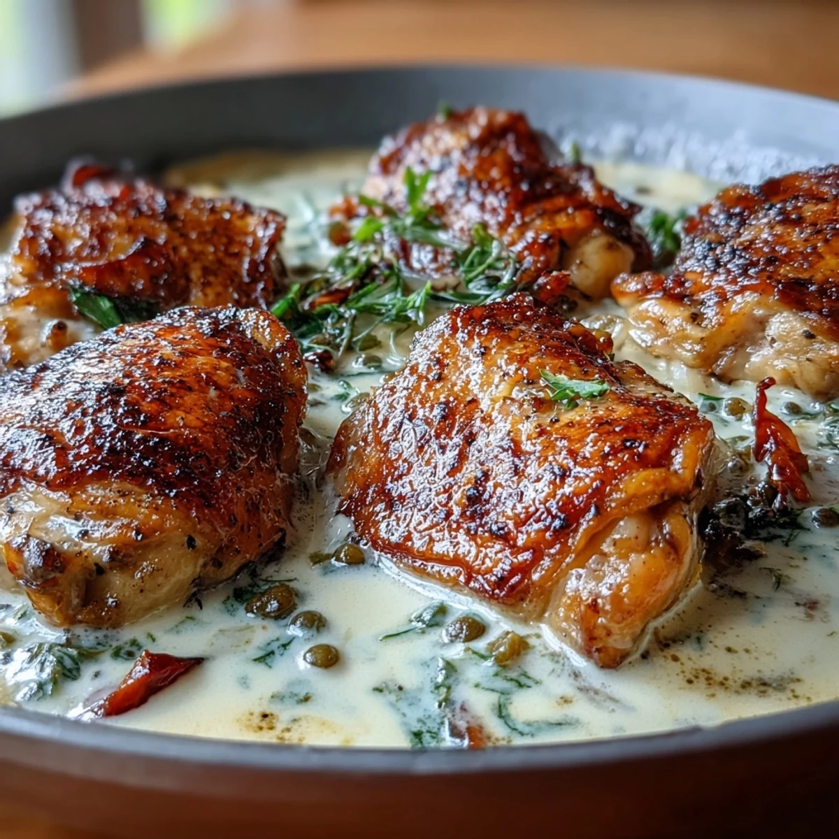 Fácil Creamy Pepperoncini Chicken Skillet, espesa salsa cremosa con pollo jugoso en sartén.