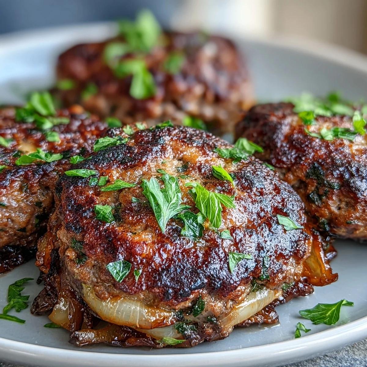 Oven-Baked Cabbage Burgers baked until juicy, topped with melted cheese on a bed of caramelized cabbage.