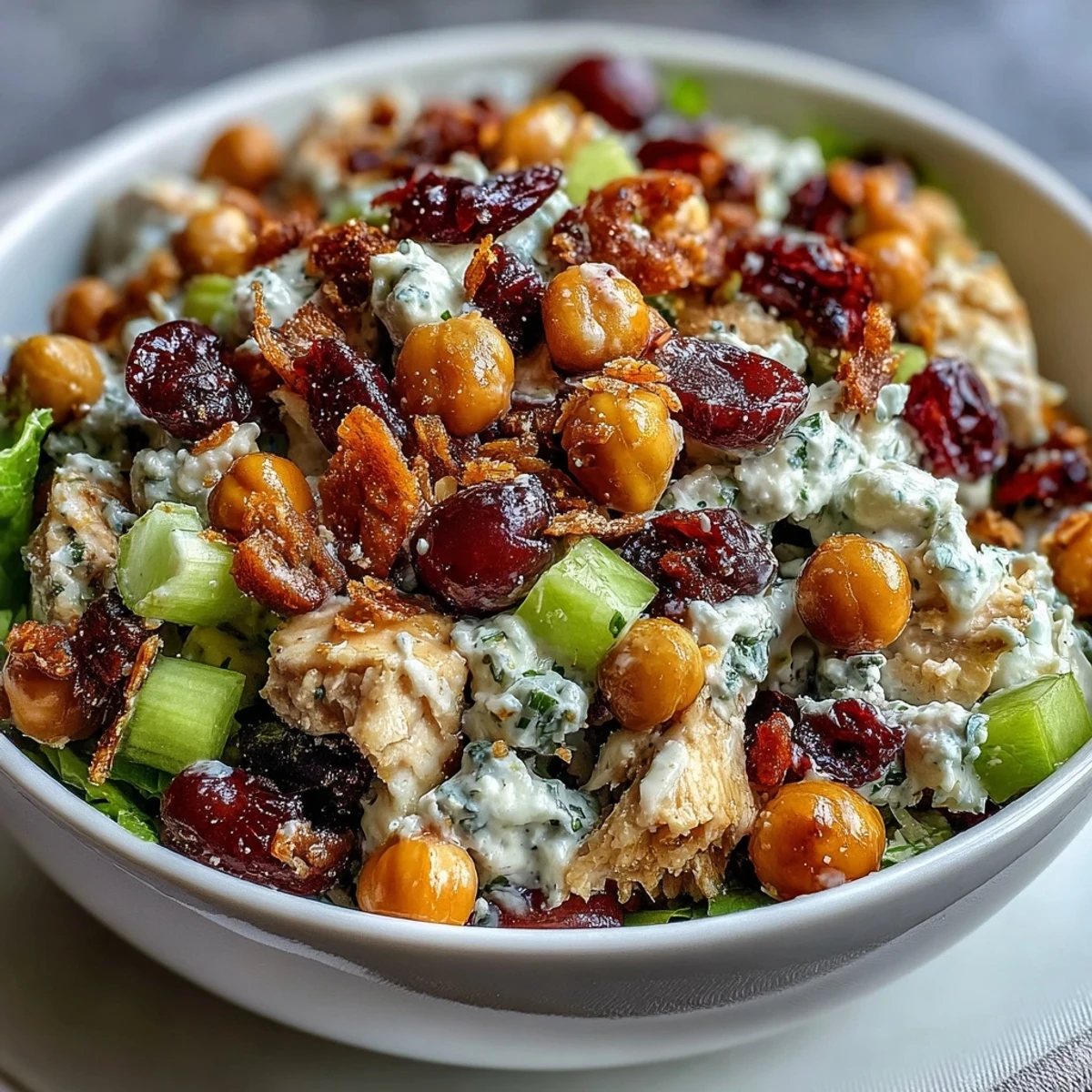 Vibrante Vegan Chicken Salad con uvas rojas, apio crujiente y albaricoques secos en un bol blanco, perfecta para sándwiches.