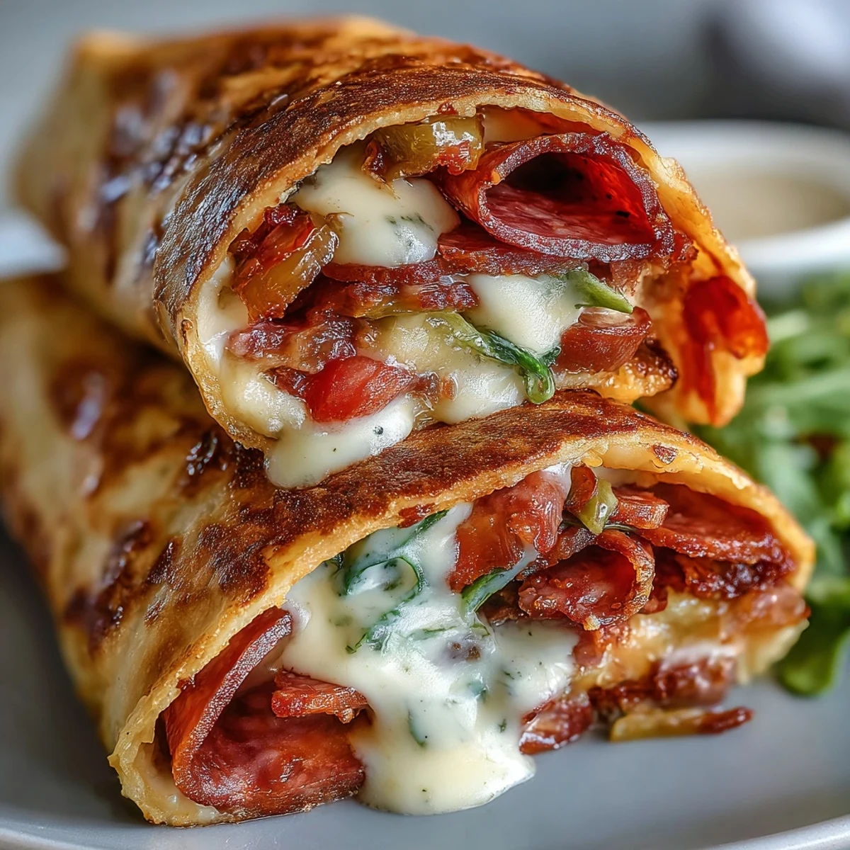 Presentación del Low-Carb Italian Sub Wrap relleno de sabores italianos clásicos, servido caliente con pimientos banana y aderezo, ideal para el almuerzo keto.