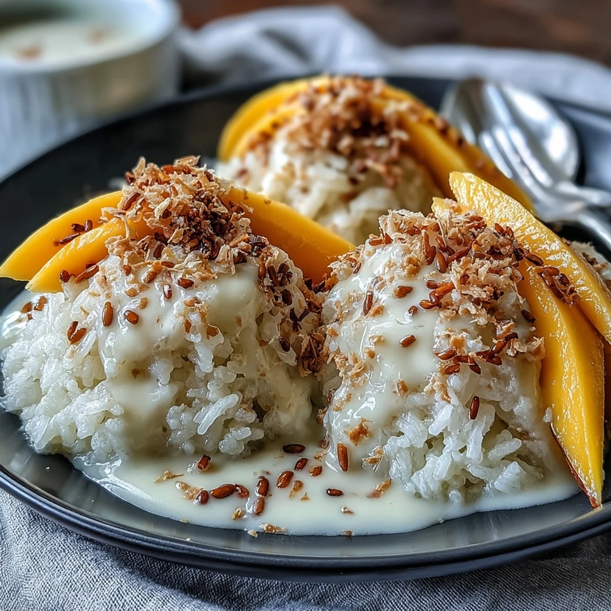 Mango Sticky Rice with glutinous rice, creamy coconut drizzle, and bright mango slices on a dessert plate. 