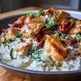 Pollo dorado en sartén con arroz cremoso, queso parmesano y tomates secos Tuscan.