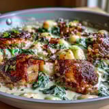 Golden One-Pan Creamy Garlic Chicken Gnocchi served steaming hot with extra grated Parmesan and a wooden spoon in the skillet.