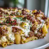 Corte transversal del High-Protein Pizza Pasta Bake, mostrando salsa cremosa de yogur y carne magra.