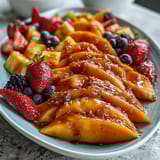 Exhibición tropical de mango y piña con frutas variadas, vibrante y colorida, ideal para fiestas y brunches de verano.