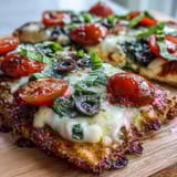 Pan plano de queso cottage dorado y tierno cubierto con salsa de tomate, queso mozzarella y vegetales frescos para una comida saludable.  