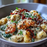 Disfruta este pollo toscano cremoso con ñoquis, tomates secos y espinacas abundantes.