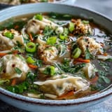 Caliente tazón de sopa de albóndigas de col, rebosante de verduras y tiernas albóndigas.