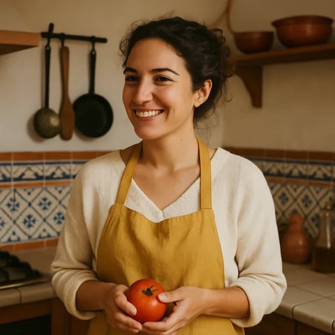 Carmen Sabrosa sonriendo con una tomate en su mano.