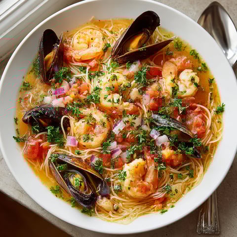 A bowl of shrimp and noodles.