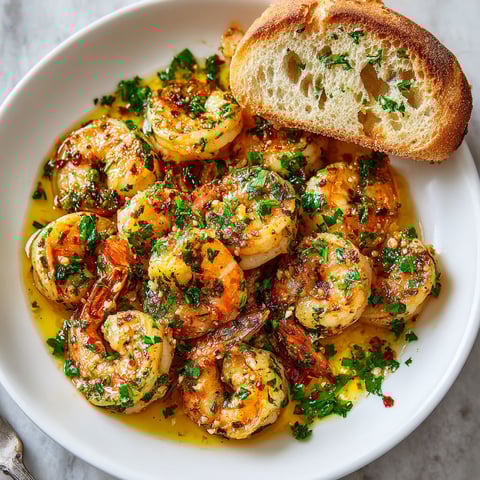 A bowl of shrimp with a topping of garlic and chili.