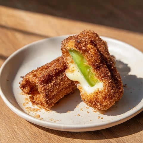 Crispy churro filled with pickle and cheese, showing a perfect, melty cross-section for snacking.