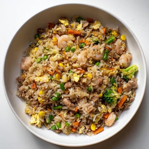 Golden-brown Leftover Fried Rice with vibrant veggies, ready to serve as a quick dinner.