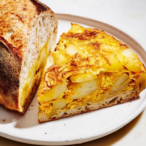 A warm, golden Bocadillo de Tortilla sandwich, ready to bite into with crusty bread.