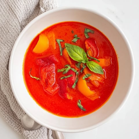 A steaming bowl of Viral Red Pepper and Tomato Soup, garnished with fresh basil, ready to enjoy.