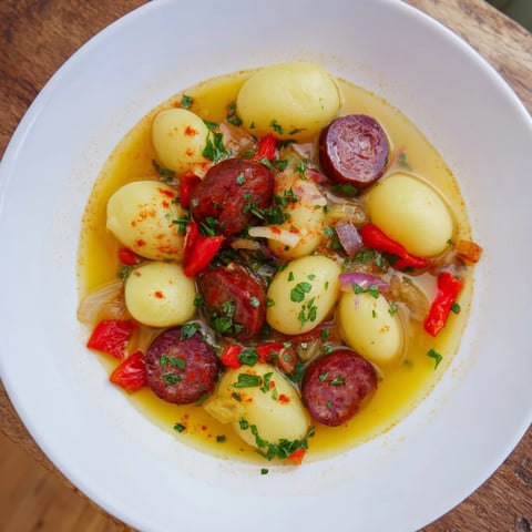 Fragrant Quick Patatas a la Riojana, a hearty Spanish potato and chorizo stew, ready to serve.
