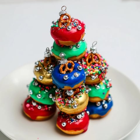 Donut Stack Christmas Ornament Tower, a festive dessert, is a sweet treat with colorful, decorated donuts.