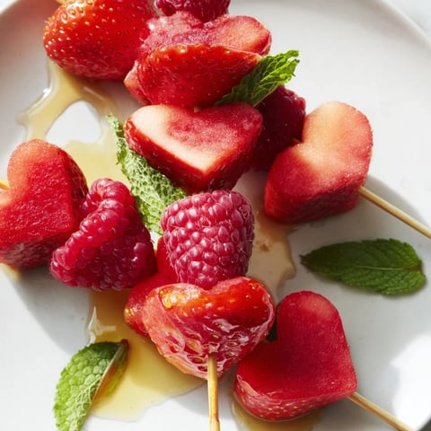 Deliciosos pinchos de frutas en forma de corazón, ideales para compartir en una cita romántica.