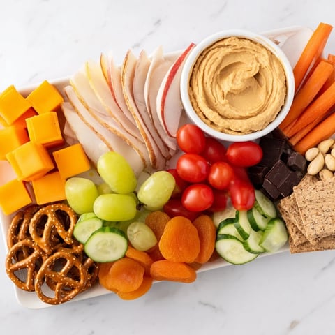 A perfectly arranged road trip snack platter bursting with colorful fruits, veggies, and savory treats.