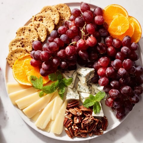 Festive Grapes of Fortune dessert board with colorful grapes, cheeses, and sweet treats ready to serve.