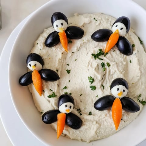 Creamy Winter Dip, featuring smooth white bean dip decorated with adorable olive penguins.