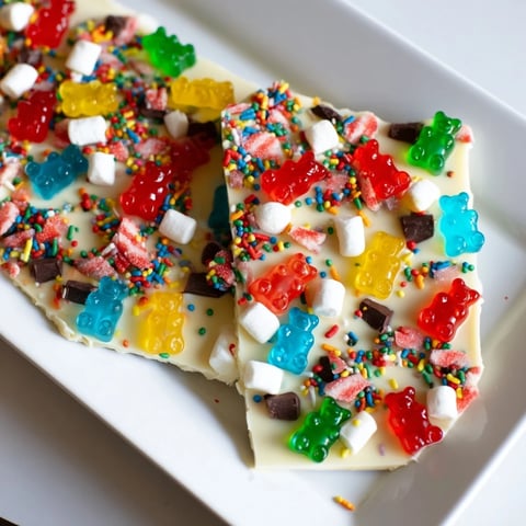 A rainbow of textures: gummy bears and candy canes scattered atop white chocolate bark.