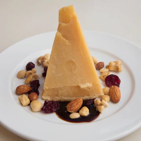 Aged hard cheese sundial cheese platter with balsamic shadow and nut clusters, visually stunning.