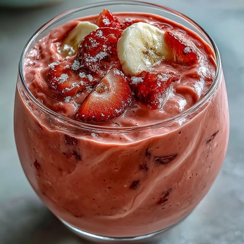 Guava Banana Smoothie en un vaso alto, cremoso y de color rosado con rodajas de fruta en el borde.