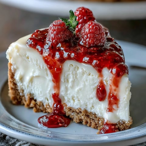 Corte grueso de White Chocolate Raspberry Cheesecake Bliss sobre un plato, con salsa de frambuesa y virutas de chocolate blanco.