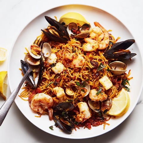 Plato vibrante de Zesty Seafood Fideuà Skillet con mariscos frescos y tomates.  