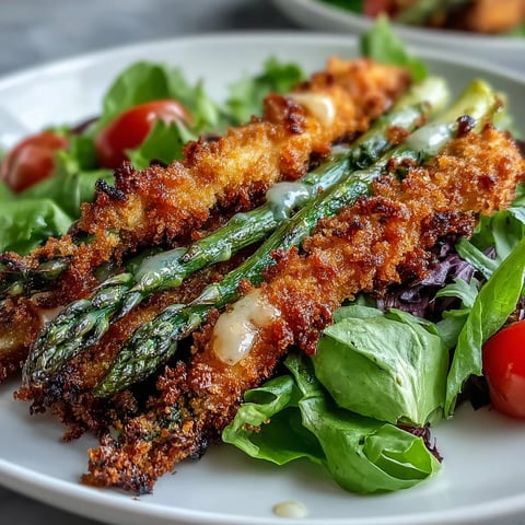 Crispy Parmesan Asparagus Chicken Salad con pollo jugoso, mezcla de hojas verdes y rodajas de tomate cherry, terminada con aderezo de limón.
