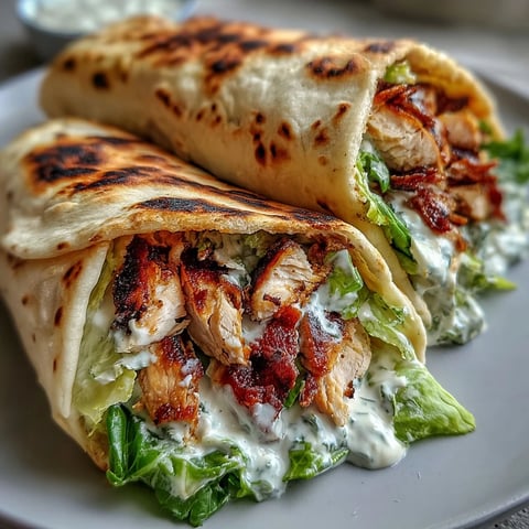 Deliciosos Garlic Naan Grilled Chicken Caesar Wraps enrollados, con pollo a la parrilla y lechuga romana fresca.