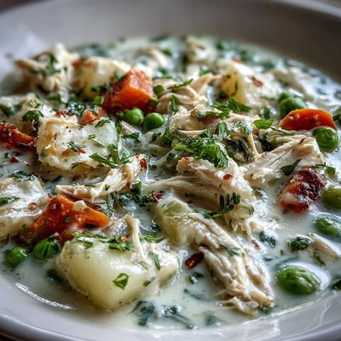 Cremosa Creamy Chicken Pot Pie Soup en un bol con perejil fresco, zanahorias y guisantes, lista para servir.