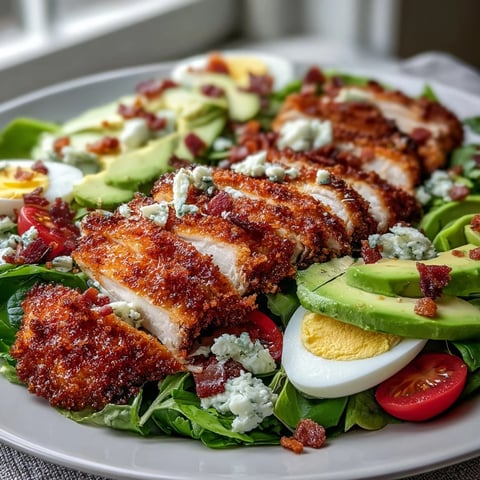 Golden, crispy Parmesan Crusted Chicken slices rest on a classic Cobb salad with bacon and avocado.