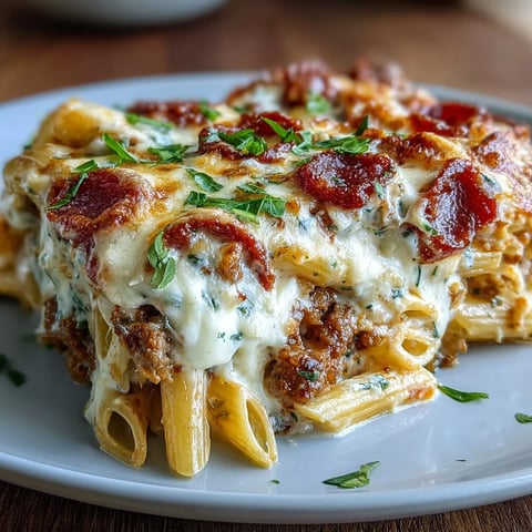 Imágenes de un horneado de pasta High-Protein Pizza Pasta Bake con pepperoni dorado y mozzarella fundida sobre una cacerola.