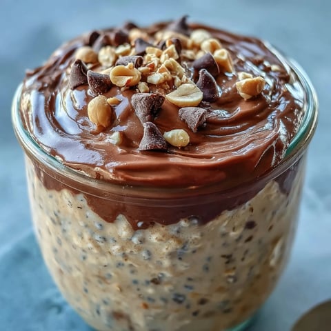 Peanut Butter Cup Overnight Oats en tarro de vidrio, con cacahuetes picados y virutas de chocolate sobre capas cremosas.
