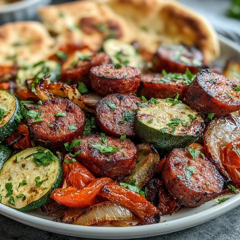 Hojas de Smoky Sheet Pan Sausage & Veggies con Naan, saliendo del horno con bordes ligeramente tostados y coloridas verduras asadas.
