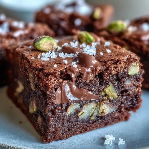 Pastel de pistachos y chocolate cortado en cuadrados, con migas húmedas y virutas de chocolate oscuro en una tabla.