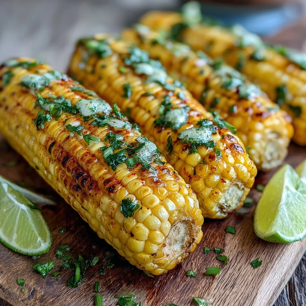 Miso-Butter Corn on the Cob, grilled with smoky char and glazed in creamy miso butter, served hot with lime wedges.