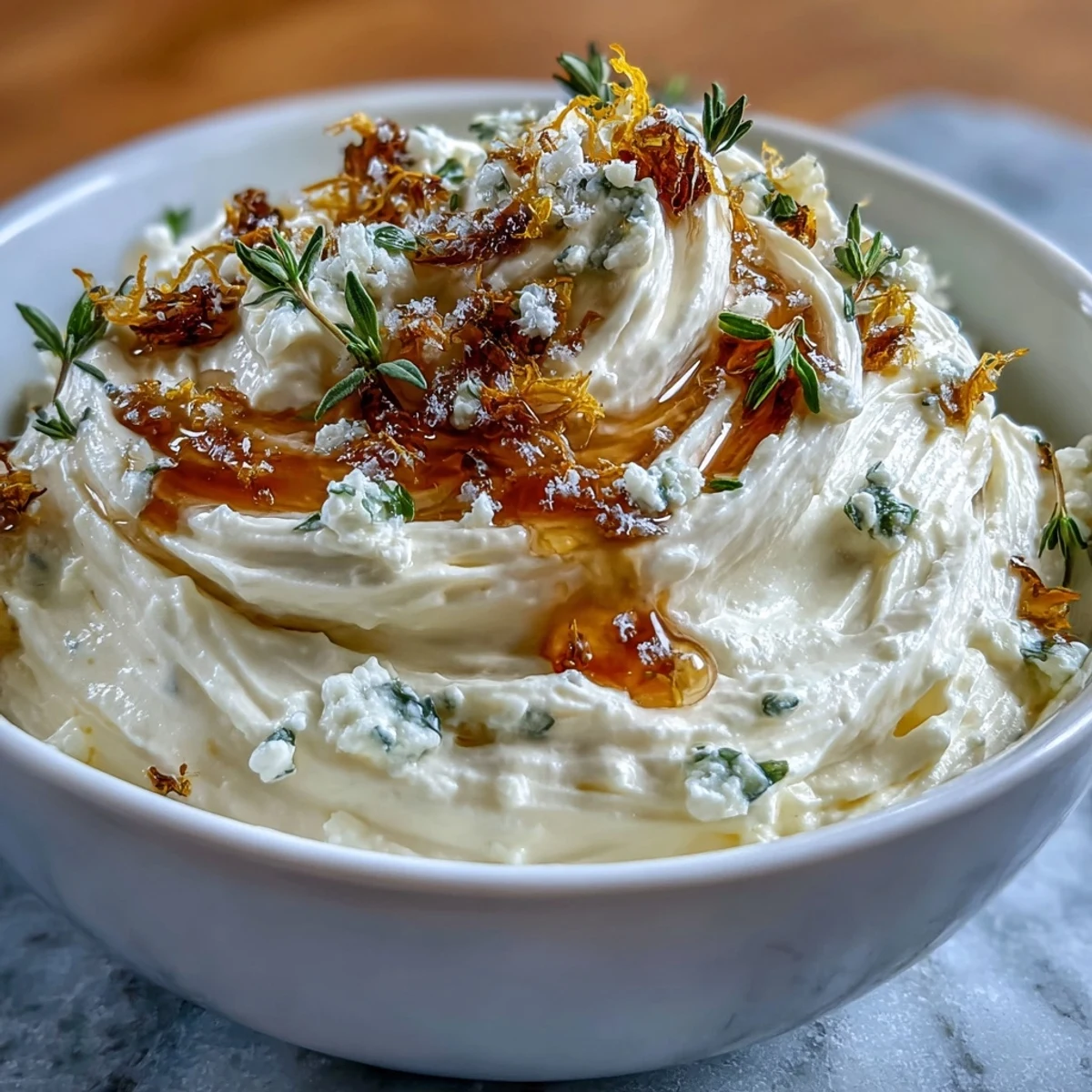 Imagen de un bowl de Salteada de Feta Batido con Miel y Sal, con un acabado cremoso y brillante, coronado con miel y flores comestibles.