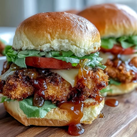 Honey Mustard Chicken Sliders dorados y crujientes con salsa agridulce, servidos en panecitos con lechuga y tomate.