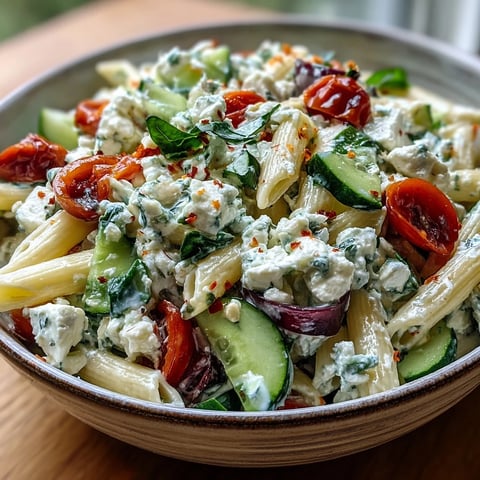 Ensalada de Pasta con Requesón Alta en Proteína, fresca y cremosa con vegetales crujientes en un tazón.