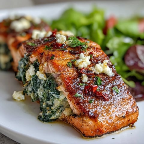 Baked Simple Baked Stuffed Salmon with Spinach and Feta fillets stuffed with greens and cheese on a plate.