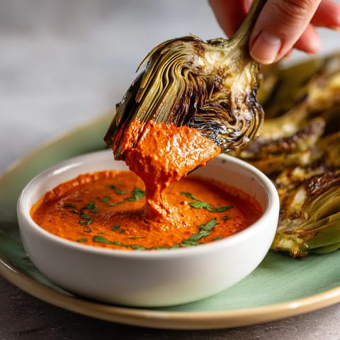 Una persona cae una cucharada de salsa roja en un plato con verduras.