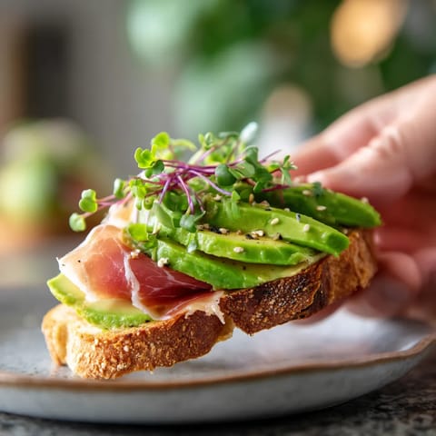 Un trozo de pan tostado con jamón serrano y aguacate.